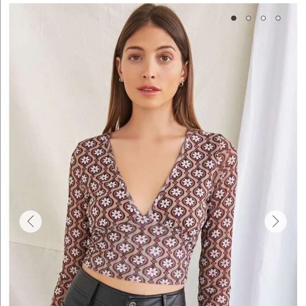 Brown Flower Long Sleeve Open Back Blouse